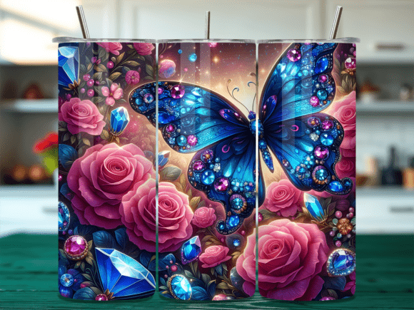 3D Blue Butterfly Pink Roses Tumbler Wrap Design: A Creative Resource for Custom Drinkware