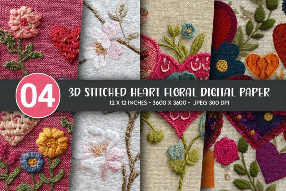 3D Stitched Heart Floral Digital Paper