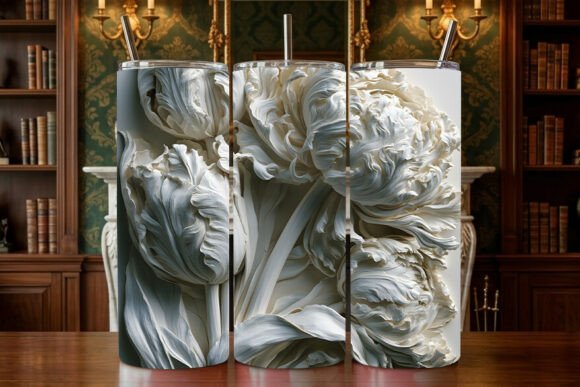 Elegant 3D White Parrot Tulip Bas-Relief Design for Tumbler Creations