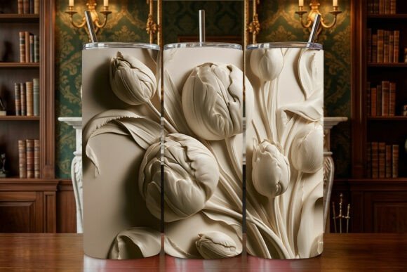 Minimalist 3D Beige Tulip Bas-Relief: Elevating Tumbler Design with Sophisticated Style