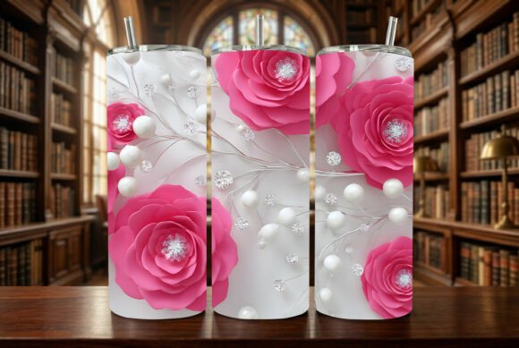 Pink 3D Floral and Pearls Tumbler Wrap Design for Custom Drinkware